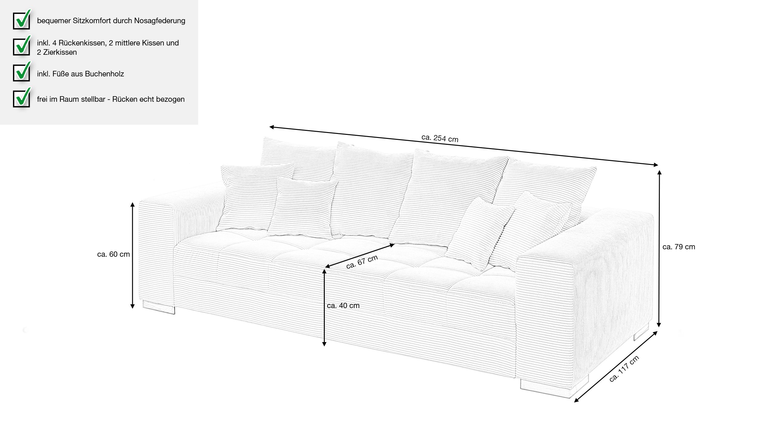 Big Sofa Cord beige - 254 cm - Nosagunterfederung - BORNEO