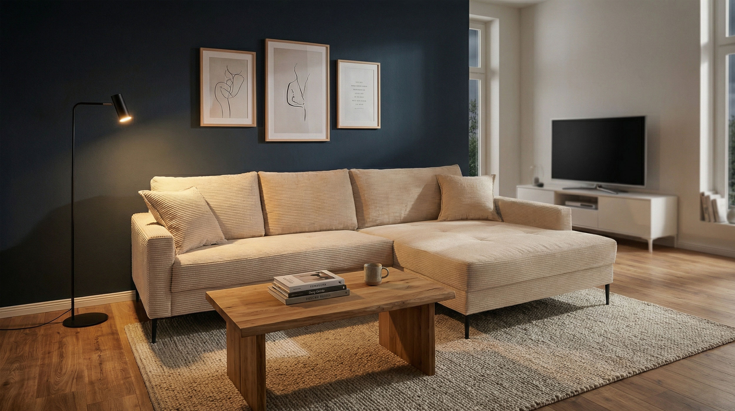 Ecksofa Cord creme 276 x 173 cm - OT rechts - SUMMER