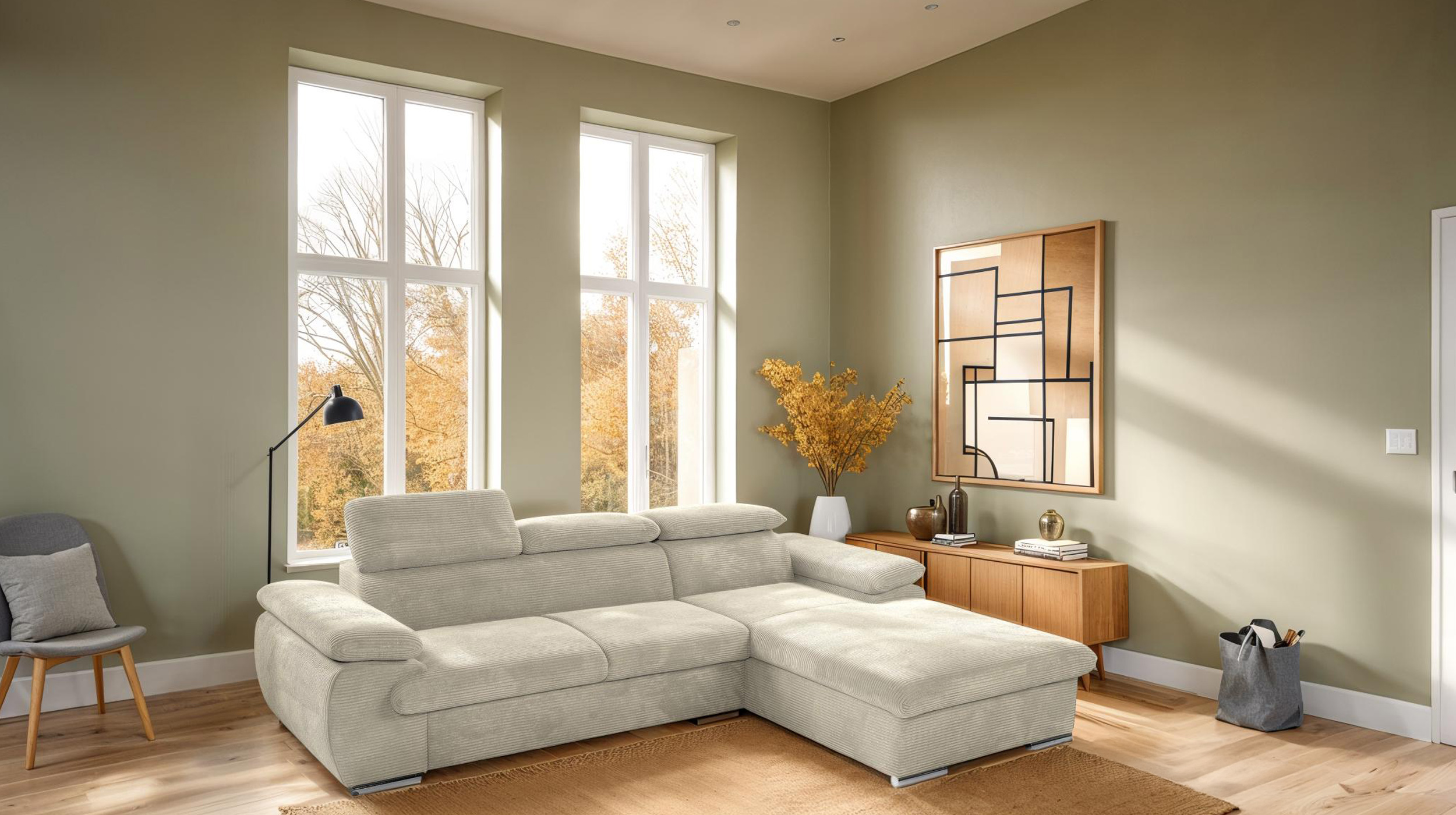 Ecksofa Cord creme Schlaffunktion Bettkasten 284 x 196 cm - CINDY