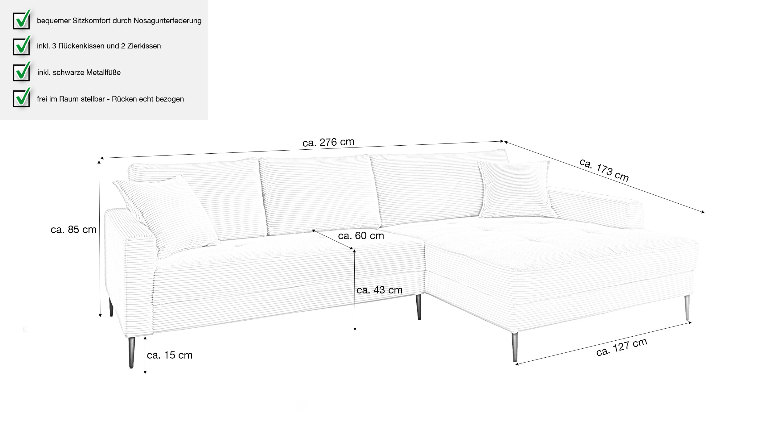 Ecksofa Cord creme 276 x 173 cm - OT rechts - SUMMER