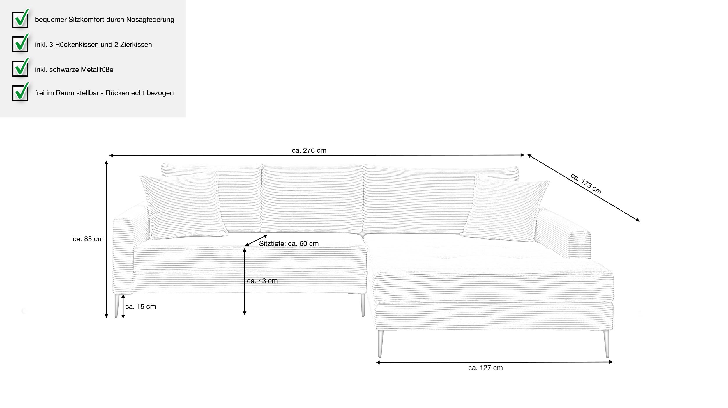 Ecksofa Cordbezug creme 276 x 173 cm - SUMMER
