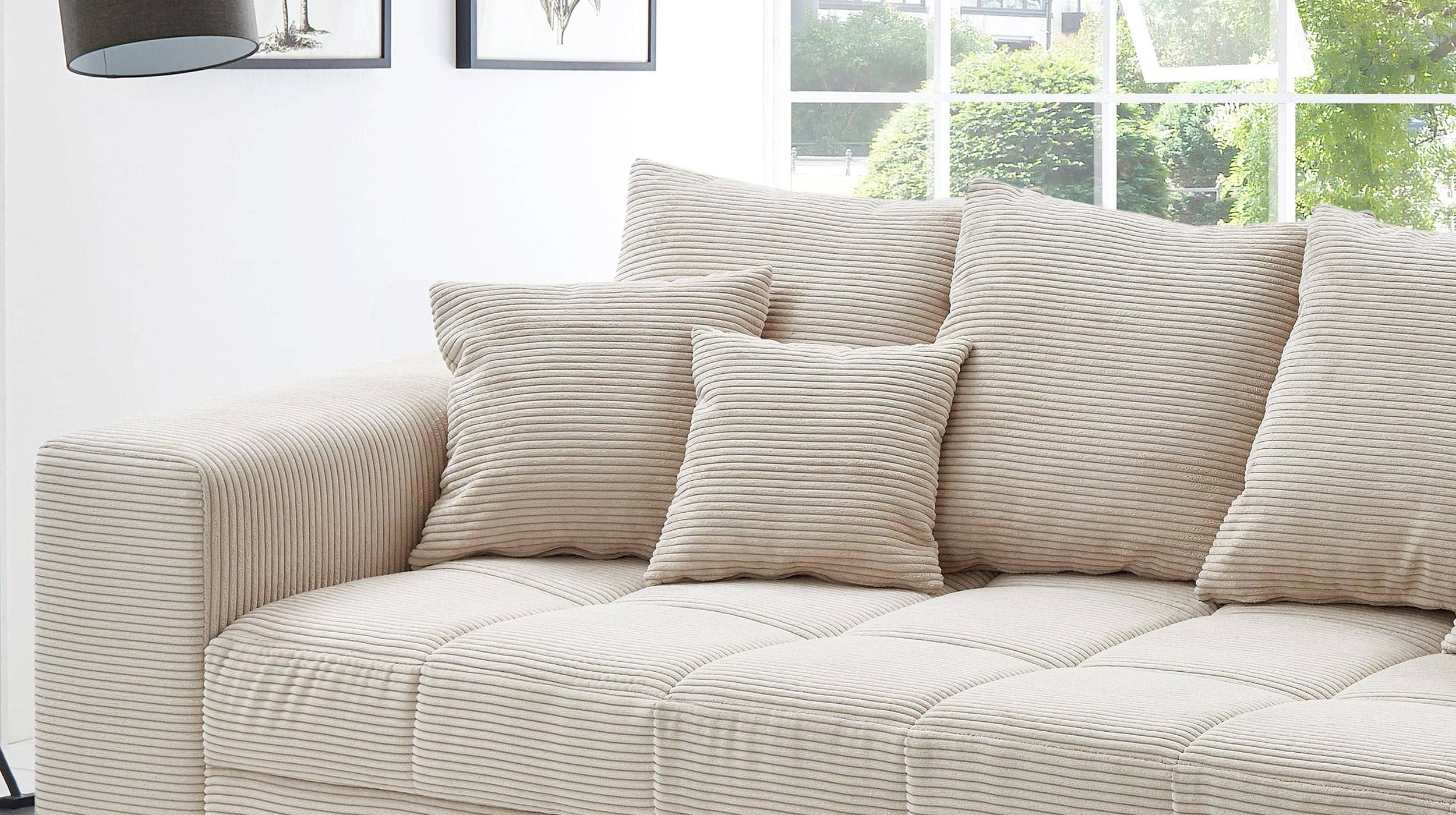 Big Sofa beige Cord 254 cm - Nosagunterfederung - BORNEO